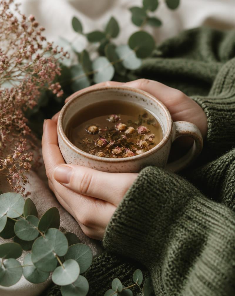 Hands holding a warm cup of herbal tea surrounded by eucalyptus leaves and dried flowers